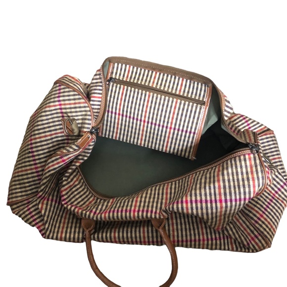 Vintage Perry Ellis Brown Plaid Carry On Weekender Travel Duffel Bag - Picture 9 of 17